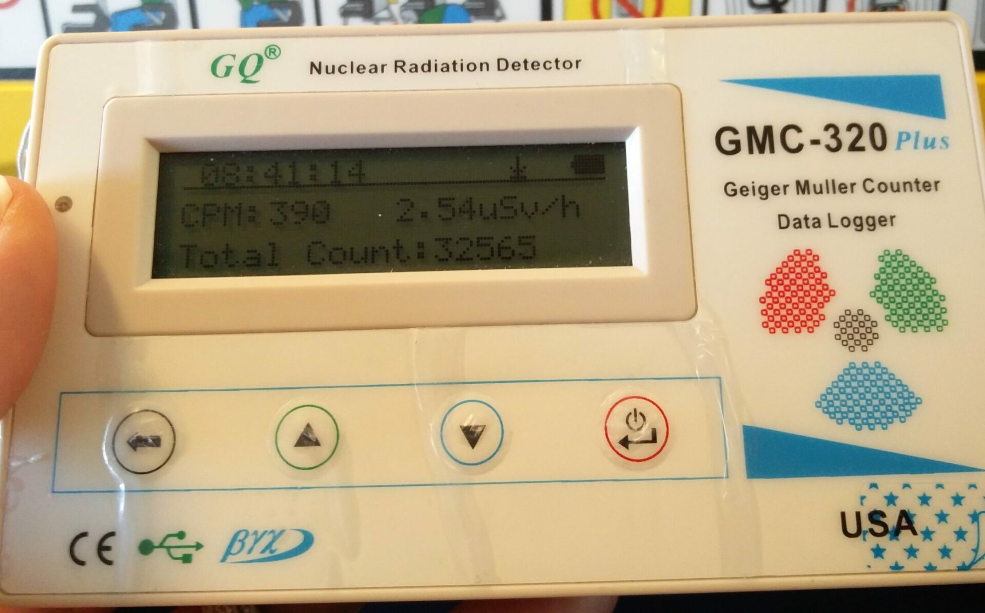 Geiger counter showing 2.54 µS/h on travel altitude in the plane.