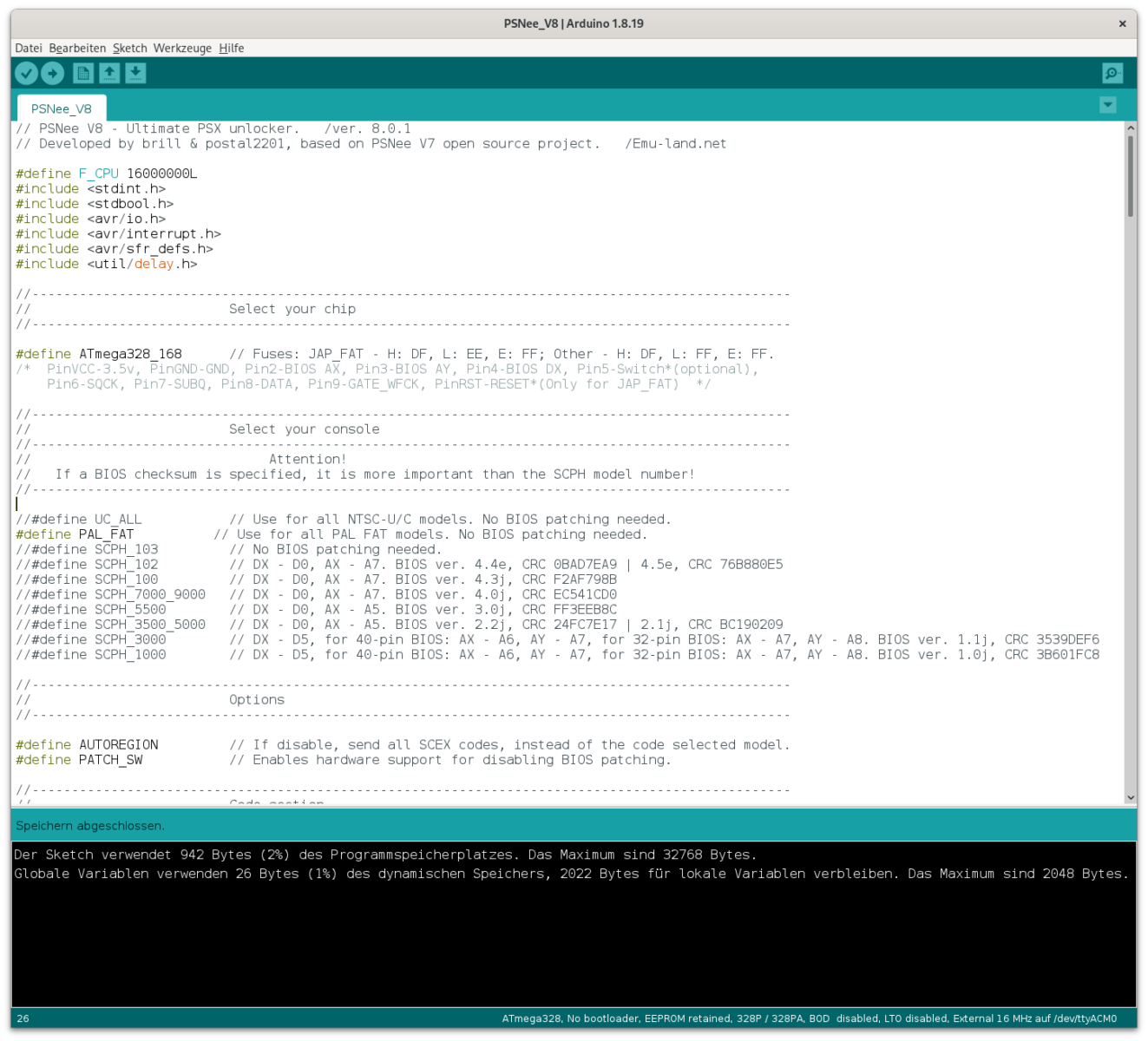 Arduino IDE mit geöffnetem PsNee Sketch