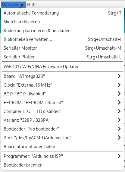 Werkzeugmenü der Arduino IDE mit den neuen Minicore-Einstellungen