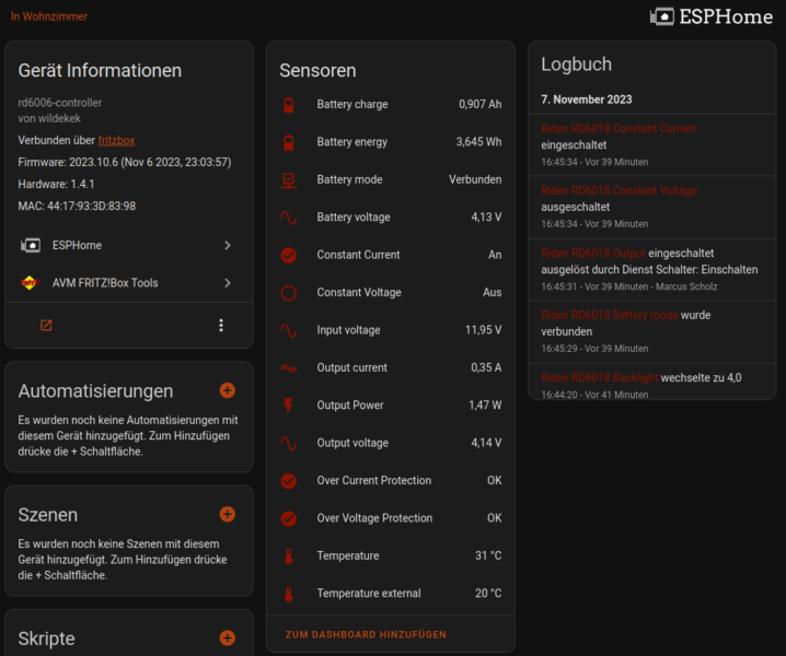 HA Integration der Riden PSU mit Sensorinformationen und Einstellungen