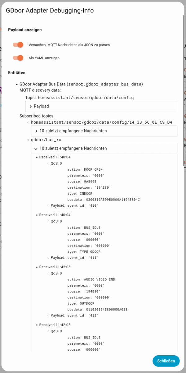 Debugging-Info mit den zuletzt empfangenen Busnachrichten