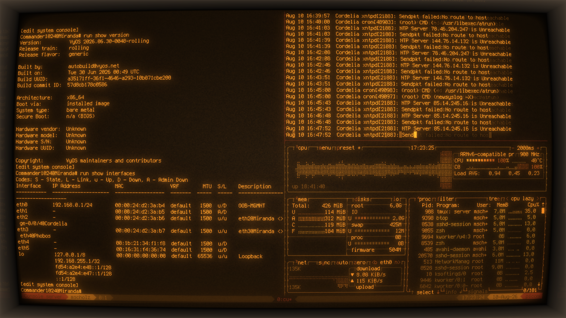 tmux via SSH mit 2 seriellen Konsolen (cu) und einem btop auf Raspberry Pi 1+ (32 bit)